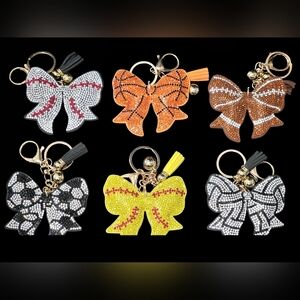 Sports Rhinestone Bow Bag Charms / Keychains Set of 6